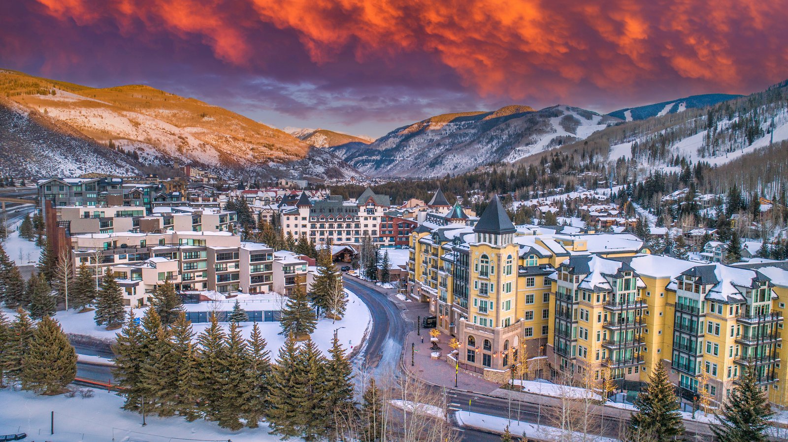 Aerial view of Vail, Colorado and its ski slopes