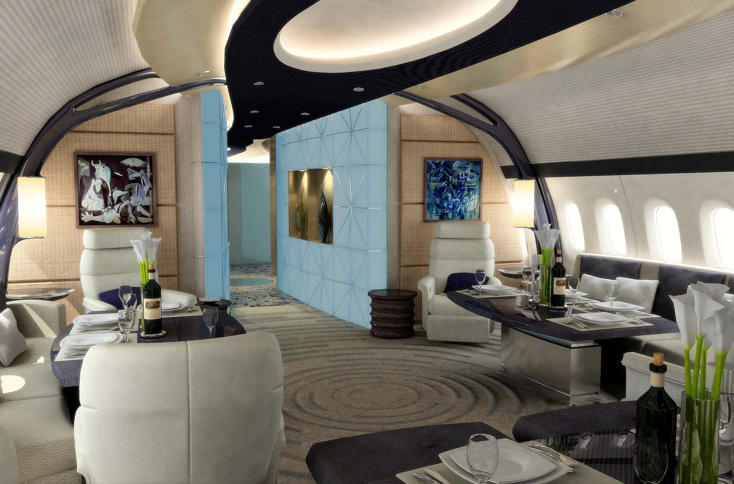 VIP airliner cabin with lounge seating, a dining table set with glasses, and framed artwork