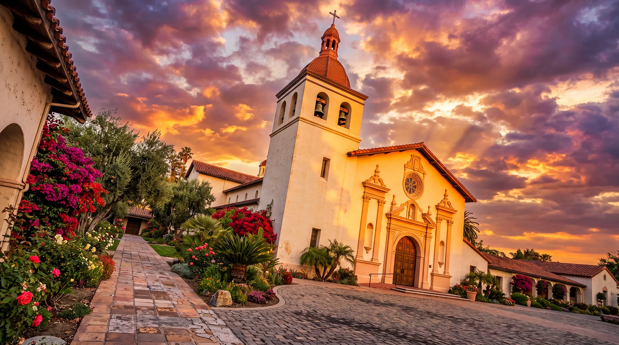 Mission church with bougainvillea at sunset in Santa Clara